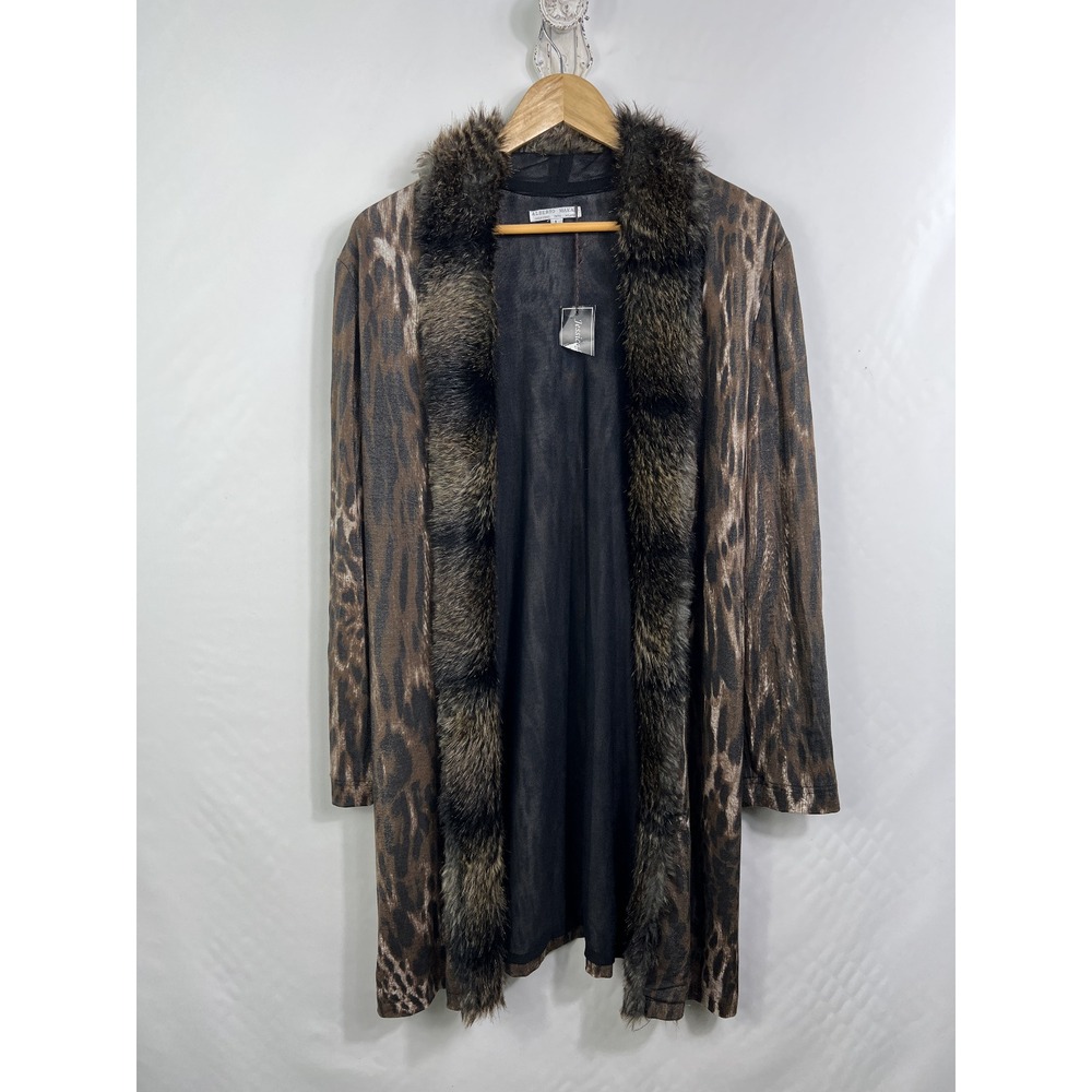 Alberto Makali Womens Cardigan Sz‎ L Leopard Print Faux Fur Trim Mobwife